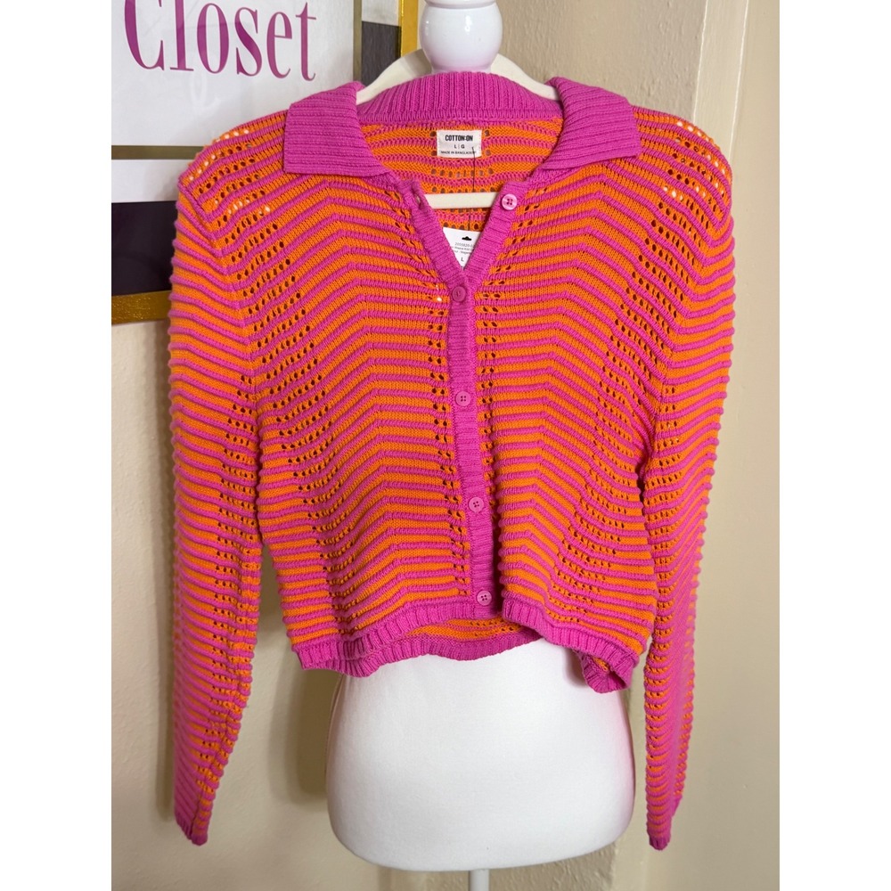 Cotton On Open Weave Knit Cardigan Magenta Multi Pink Orange Striped Cropped L
